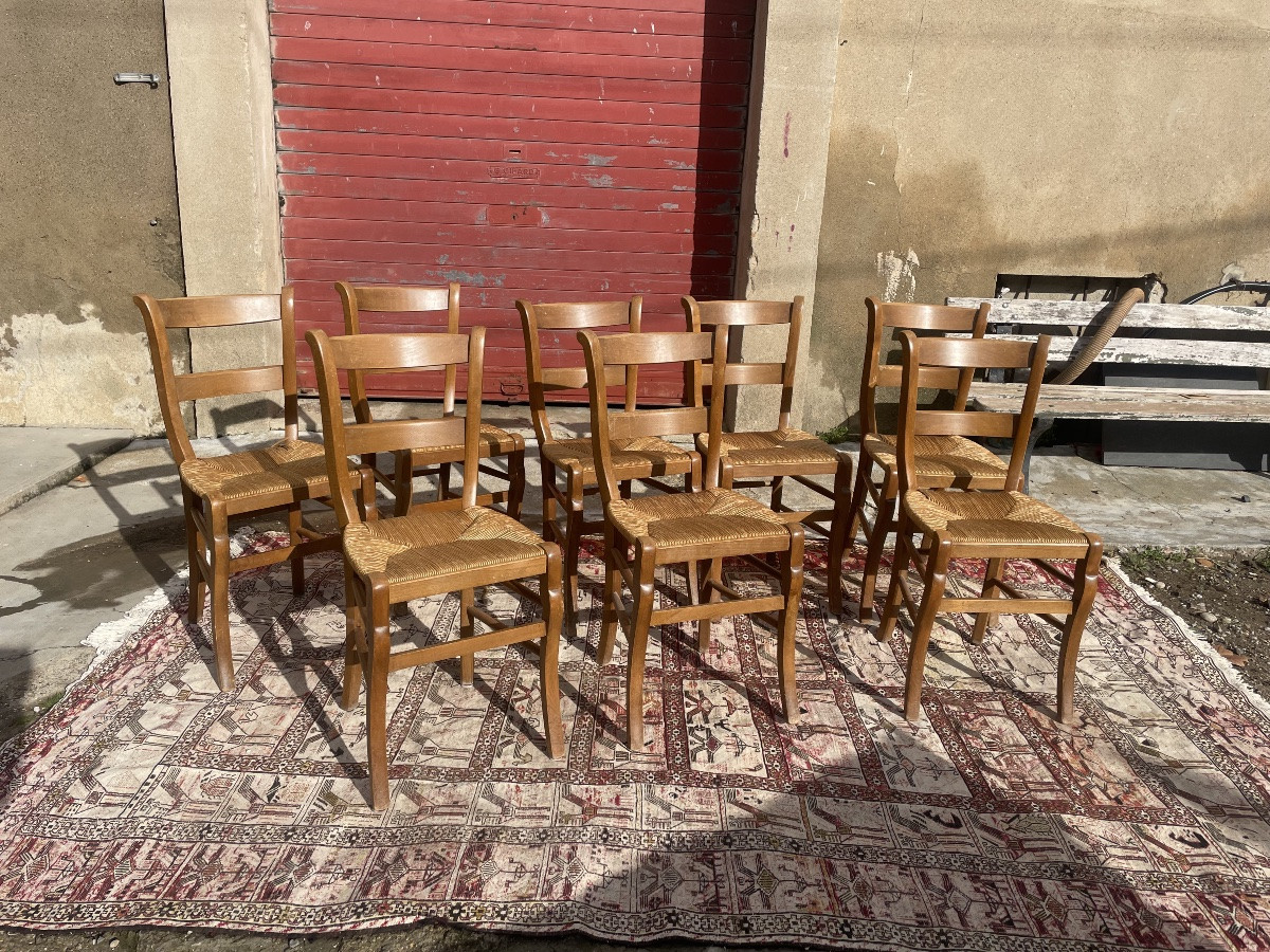Set Of 8 Dining Chairs In Wood And Straw, 1900.-photo-8