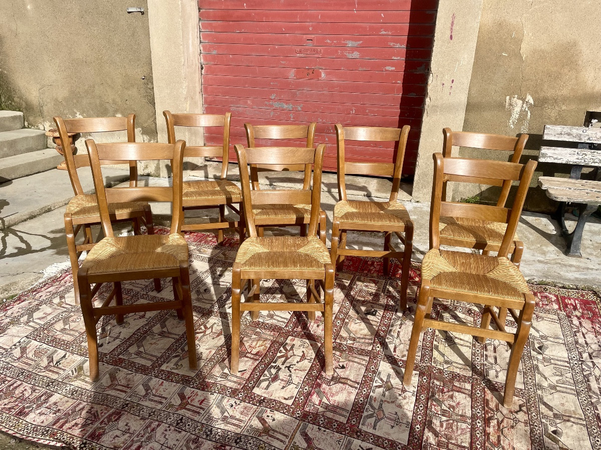 Set Of 8 Dining Chairs In Wood And Straw, 1900.