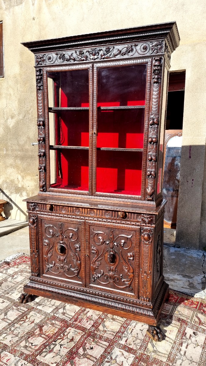 Buffet vitrine Renaissance en noyer d'époque XIXé -photo-2