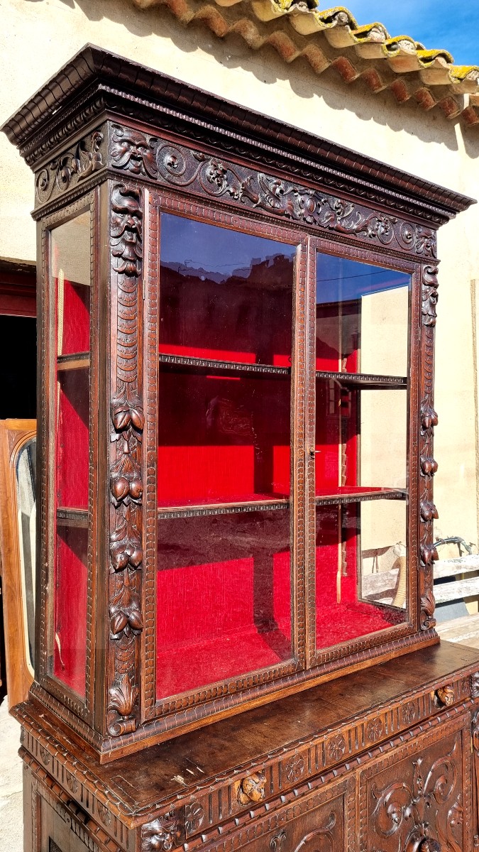 Buffet vitrine Renaissance en noyer d'époque XIXé -photo-4