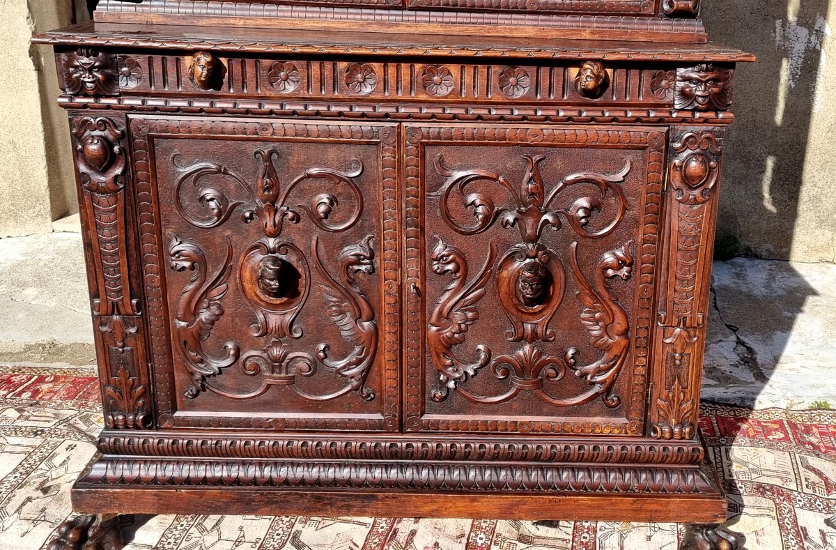 Buffet vitrine Renaissance en noyer d'époque XIXé -photo-2