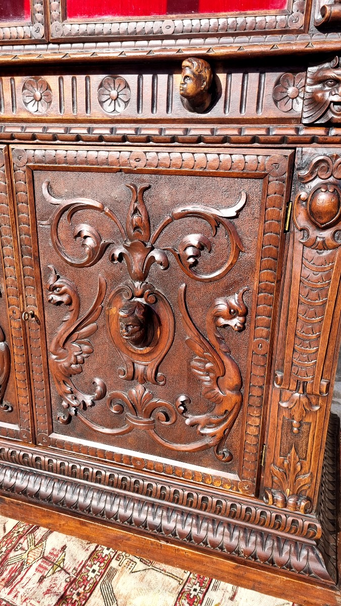 Buffet vitrine Renaissance en noyer d'époque XIXé -photo-3