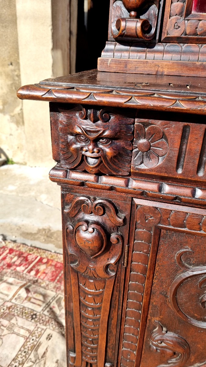 Buffet vitrine Renaissance en noyer d'époque XIXé -photo-4