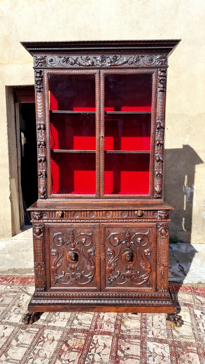 Buffet vitrine Renaissance en noyer d'époque XIXé 