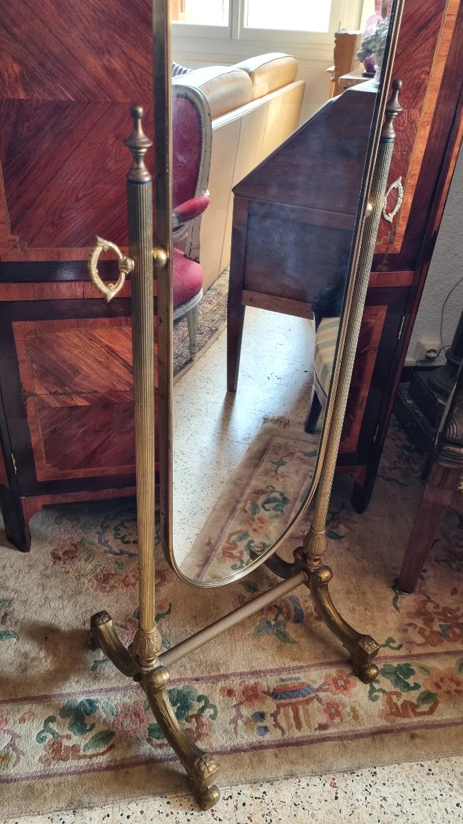 Louis XVI Style Brass Cheval Mirror, Late 19th Century -photo-3