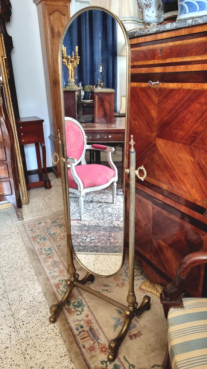 Louis XVI Style Brass Cheval Mirror, Late 19th Century 