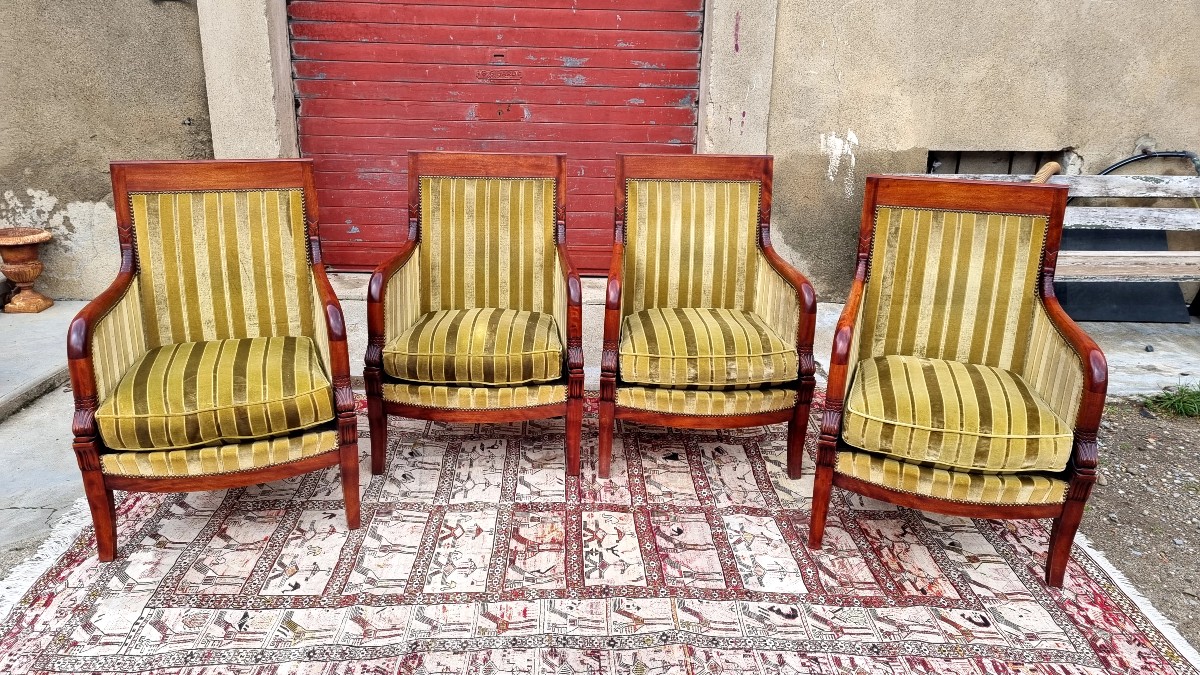 Set Of Four Empire-style Mahogany Bergère Chairs Dating From Around 1900-photo-2