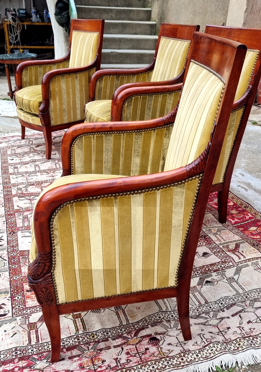 Set Of Four Empire-style Mahogany Bergère Chairs Dating From Around 1900-photo-1