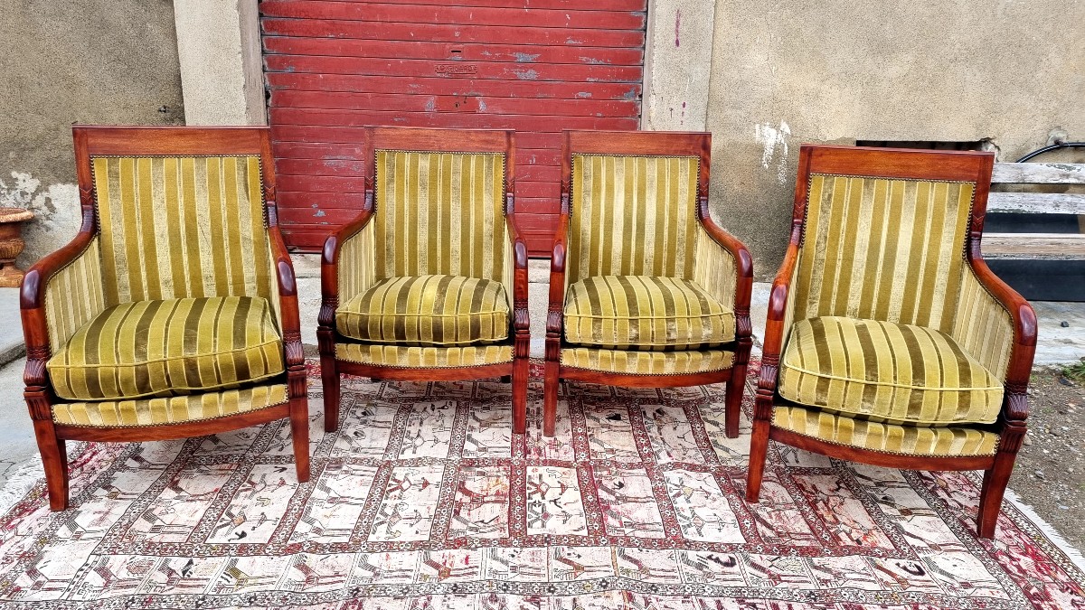 Set Of Four Empire-style Mahogany Bergère Chairs Dating From Around 1900