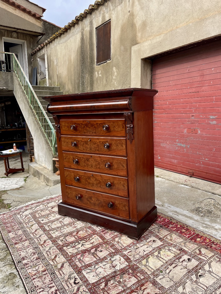 Restoration-era English Mahogany Chest Of Drawers, Flame-patterned, 19th Century -photo-2