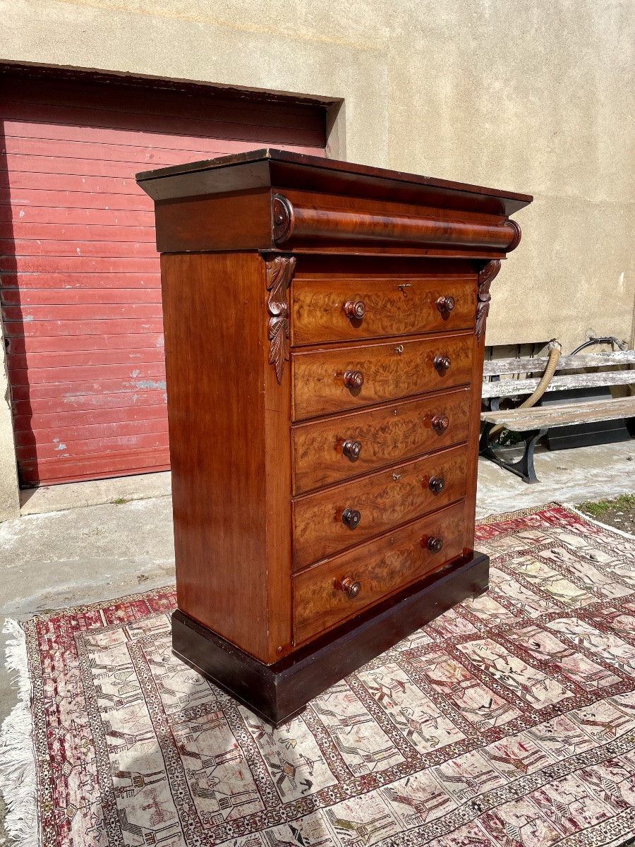 Restoration-era English Mahogany Chest Of Drawers, Flame-patterned, 19th Century -photo-4