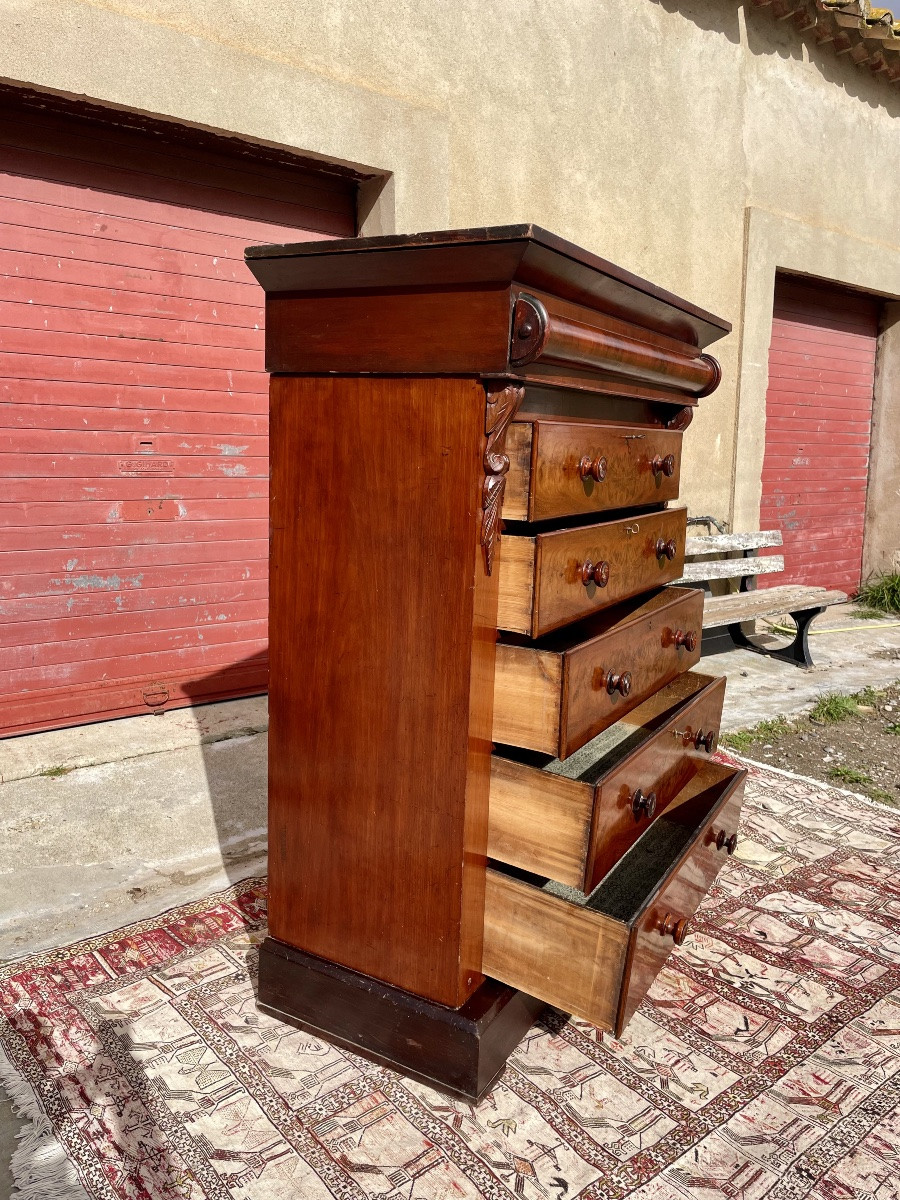 Restoration-era English Mahogany Chest Of Drawers, Flame-patterned, 19th Century -photo-3