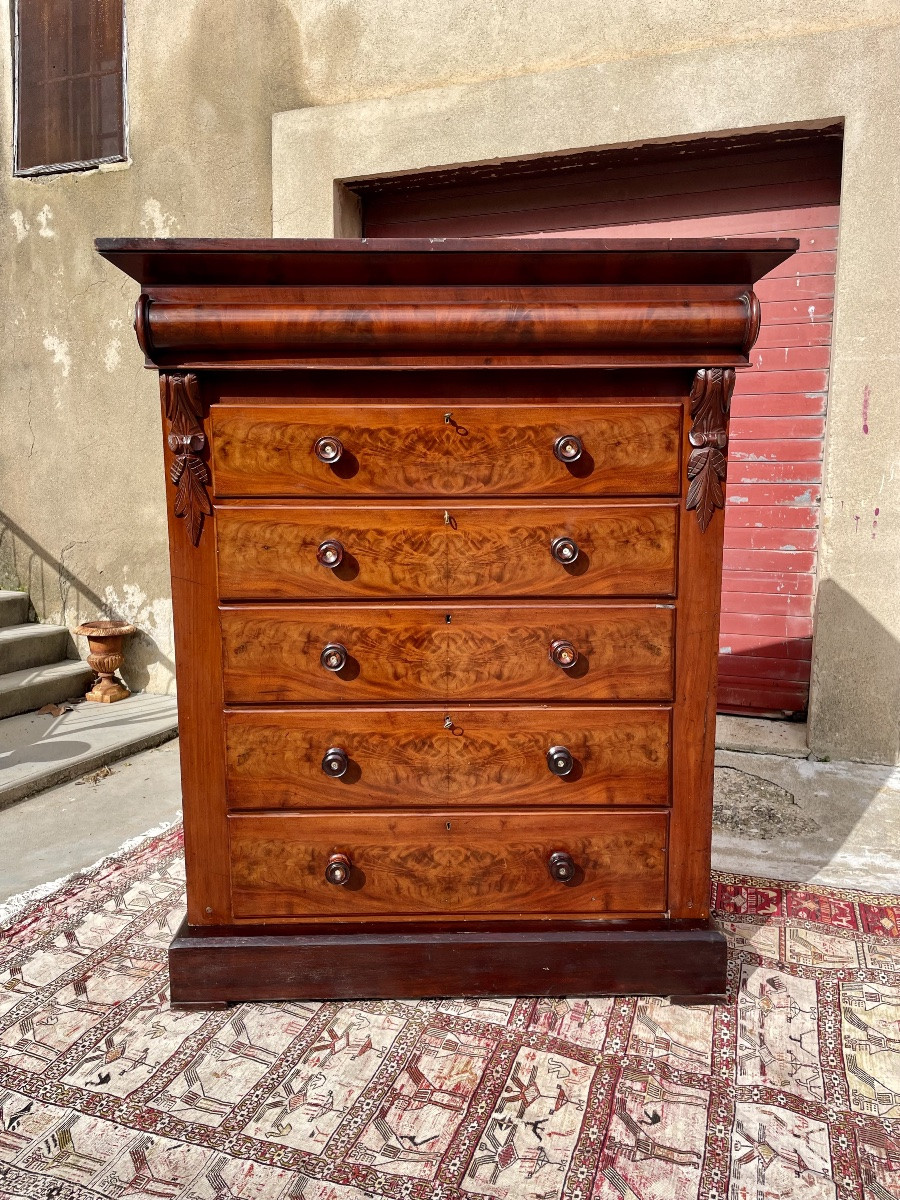 Restoration-era English Mahogany Chest Of Drawers, Flame-patterned, 19th Century -photo-6