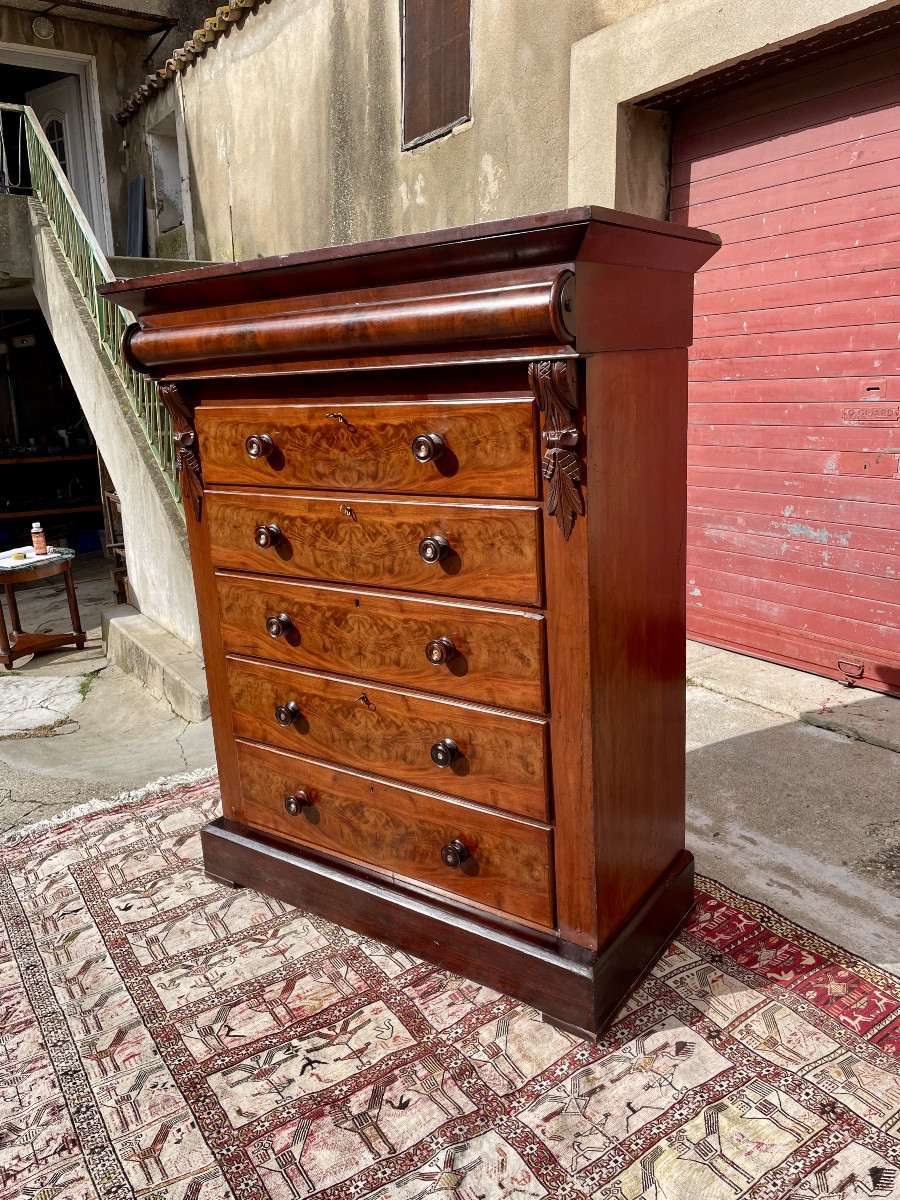 Restoration-era English Mahogany Chest Of Drawers, Flame-patterned, 19th Century -photo-7