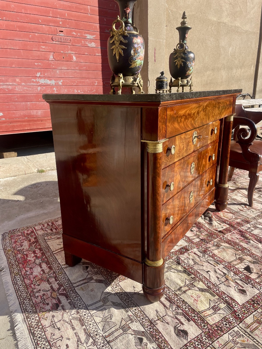 Commode,,,,, empire en acajou, enflammé, colonnes détachées d’époque 19e-photo-3