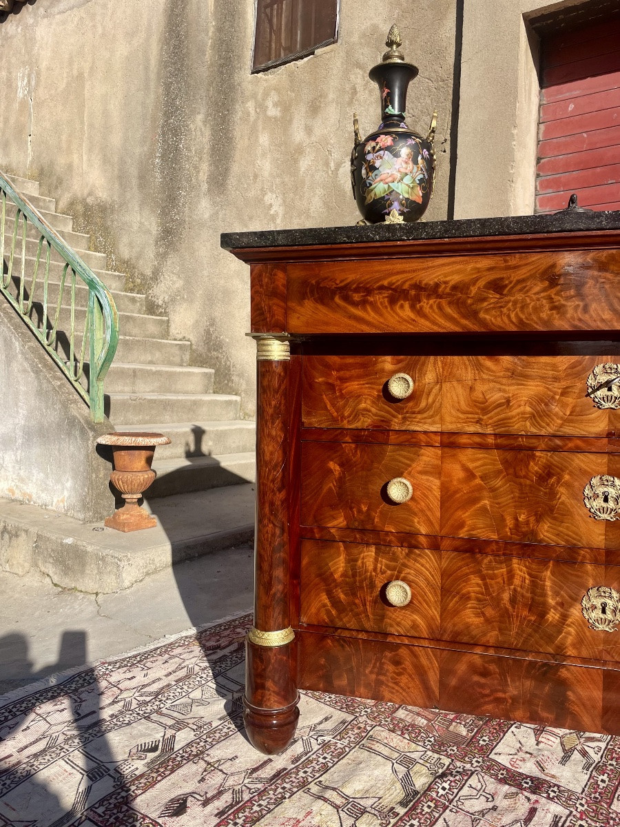Commode,,,,, empire en acajou, enflammé, colonnes détachées d’époque 19e-photo-6
