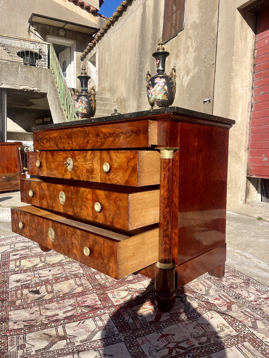 Commode,,,,, empire en acajou, enflammé, colonnes détachées d’époque 19e-photo-8
