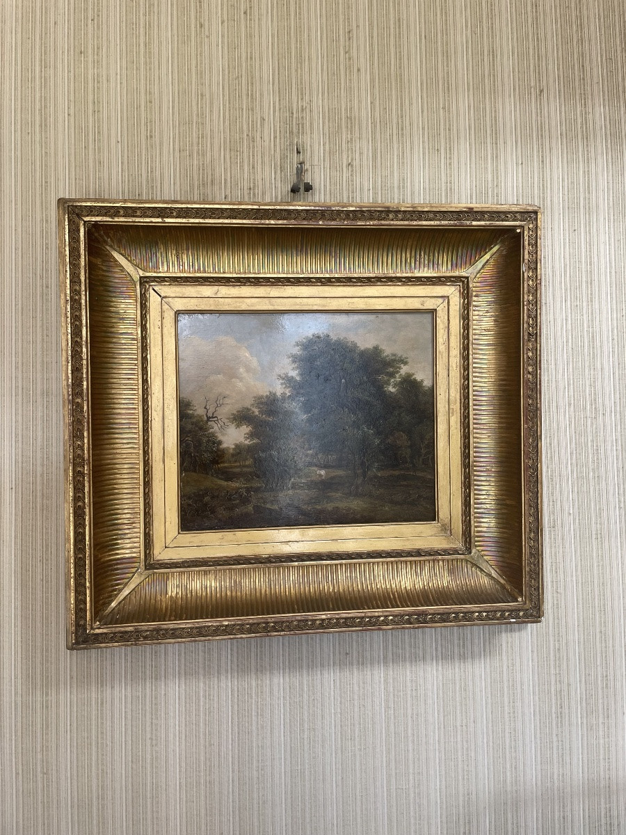 Paysage, animé, huile sur panneau d’époque XIXE siècle -photo-2