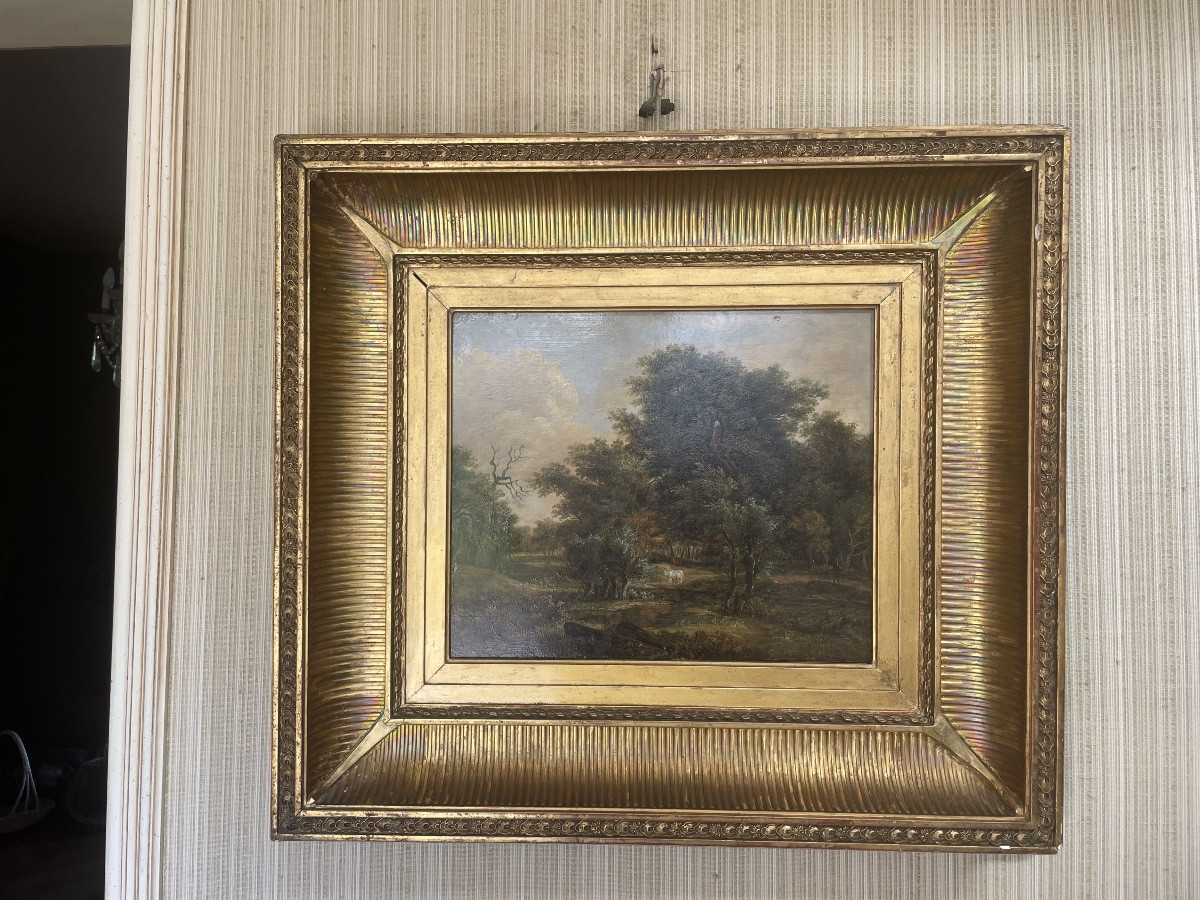 Paysage, animé, huile sur panneau d’époque XIXE siècle -photo-5