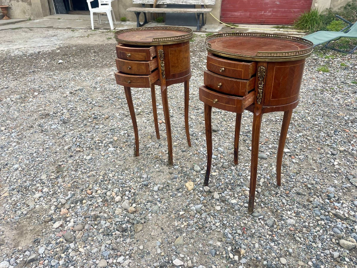 Paire de Chevets, deux demi-lune, deux, style Louis XVI en marqueterie, 1900.-photo-2
