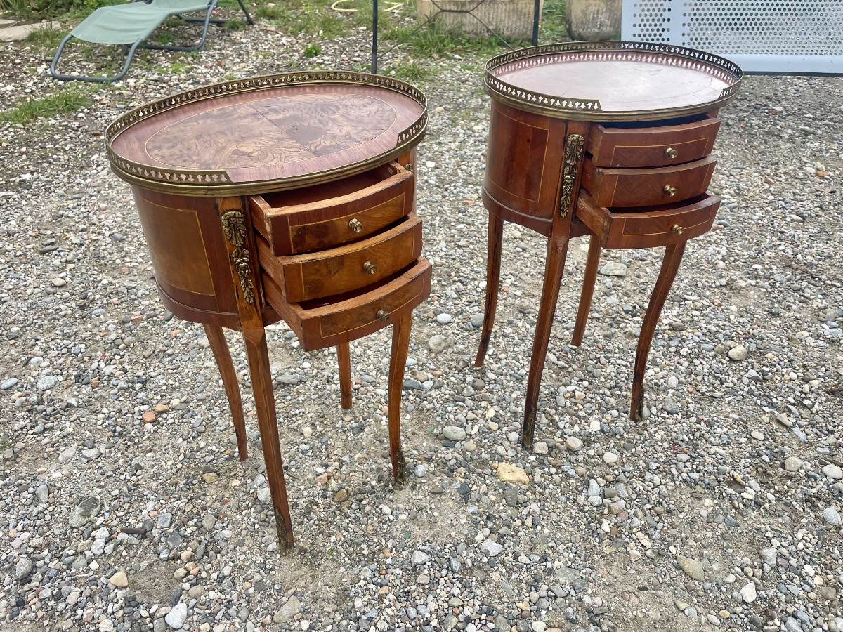 Paire de Chevets, deux demi-lune, deux, style Louis XVI en marqueterie, 1900.-photo-4