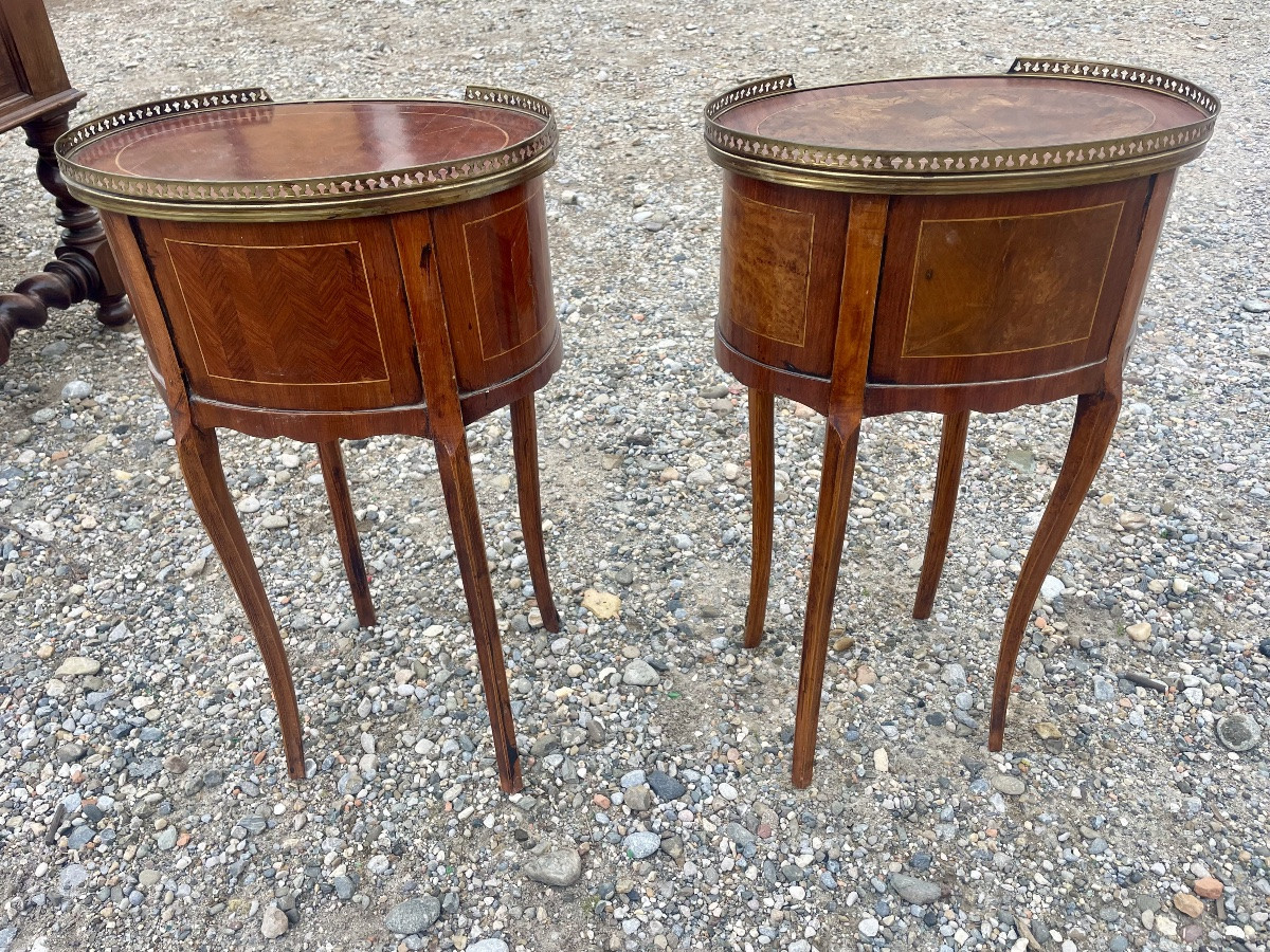 Paire de Chevets, deux demi-lune, deux, style Louis XVI en marqueterie, 1900.-photo-2