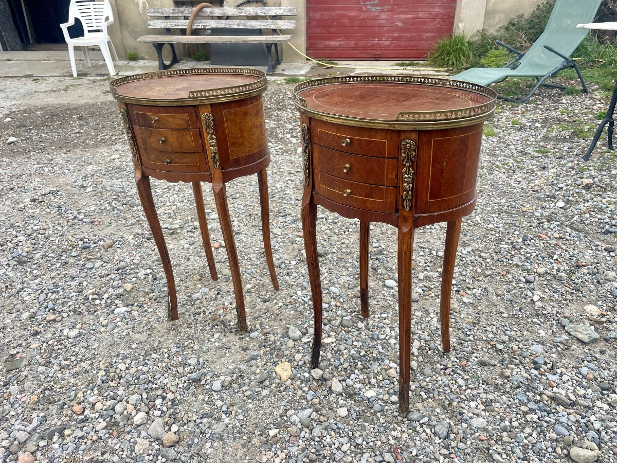Paire de Chevets, deux demi-lune, deux, style Louis XVI en marqueterie, 1900.-photo-4