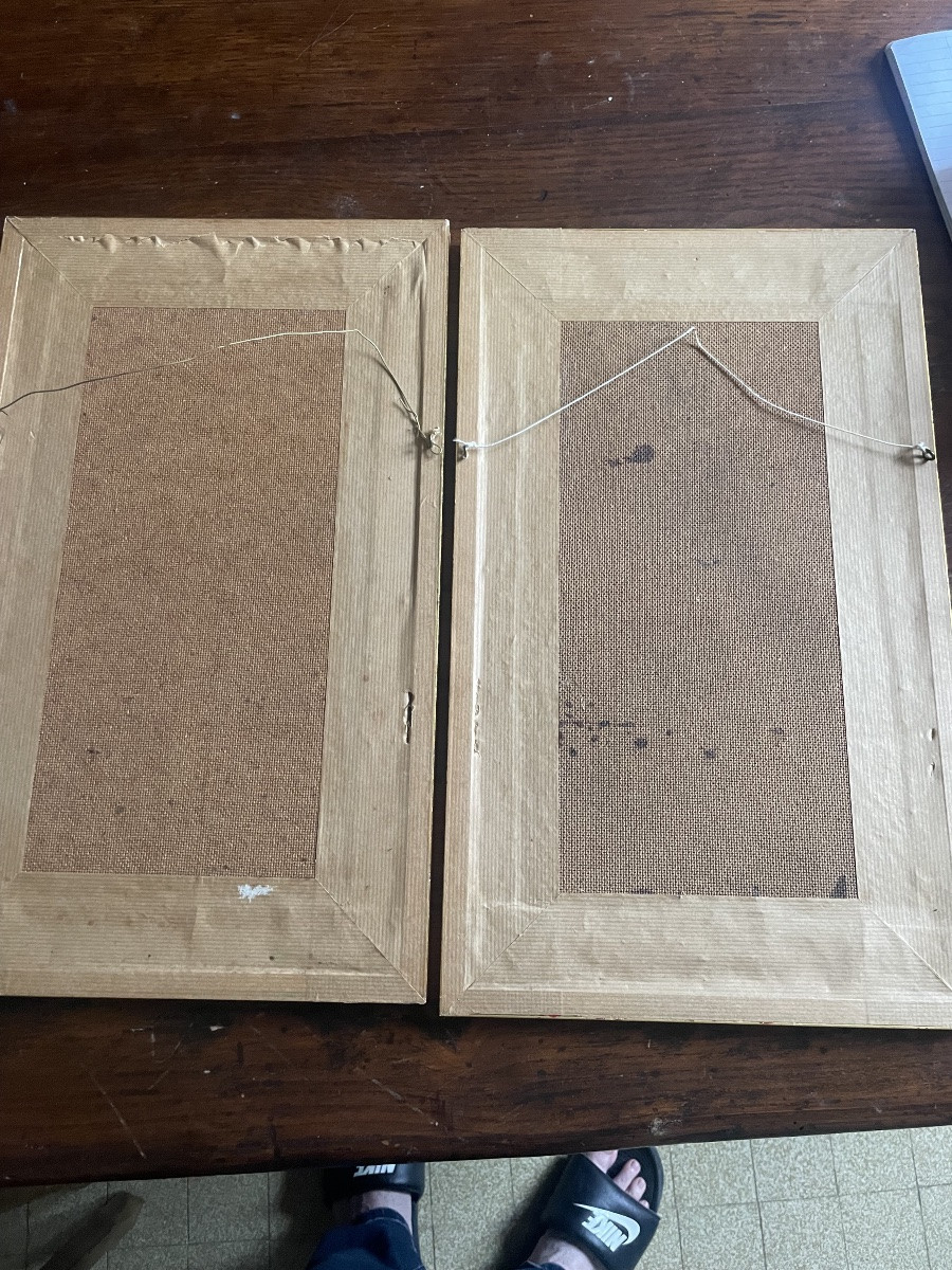 Paire de broderies sur soie, signées  M- B. décor d’oiseaux et fleurs vers 1940-photo-7