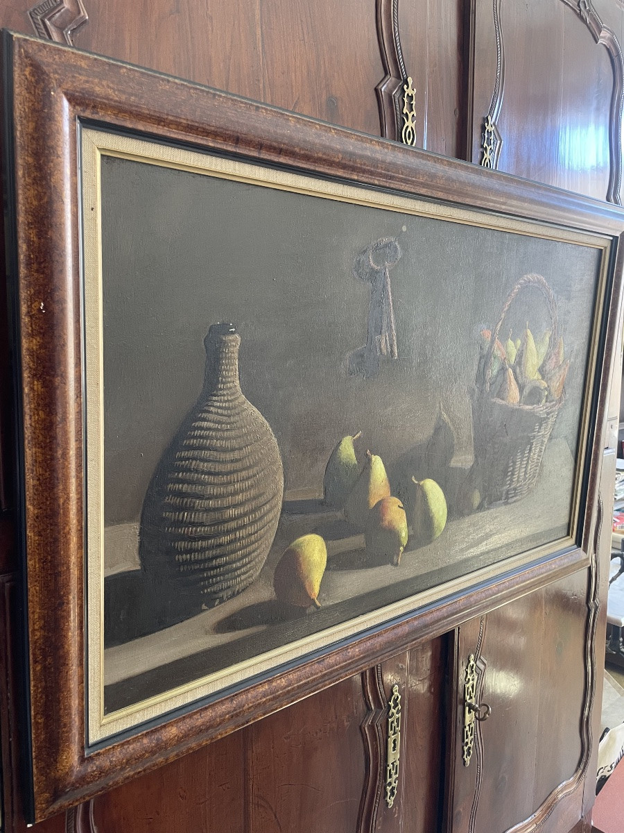 Still Life With Pears And Baskets, Oil On Panel Signed P. Jouffroy 1956.-photo-2