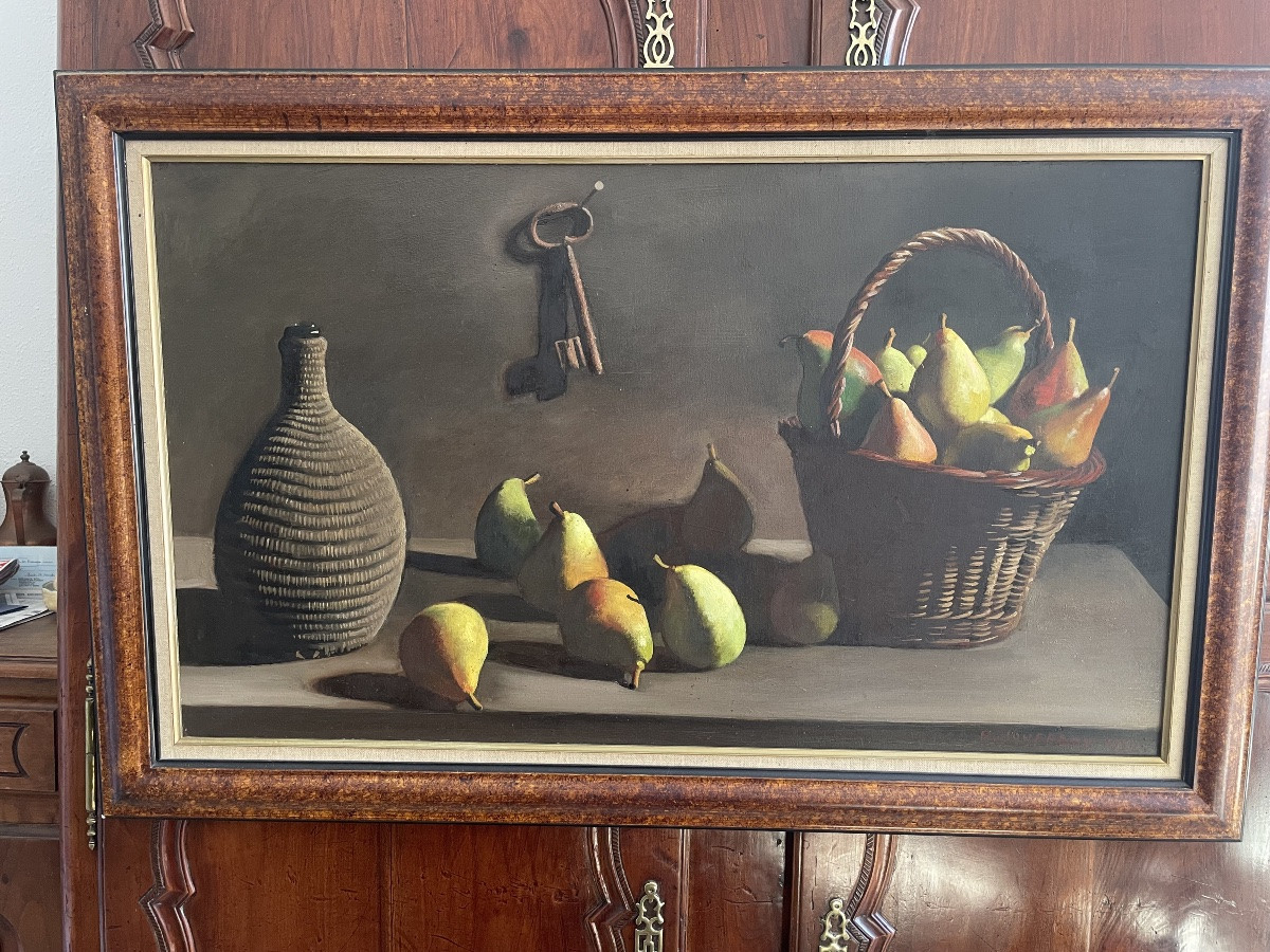 Still Life With Pears And Baskets, Oil On Panel Signed P. Jouffroy 1956.-photo-3