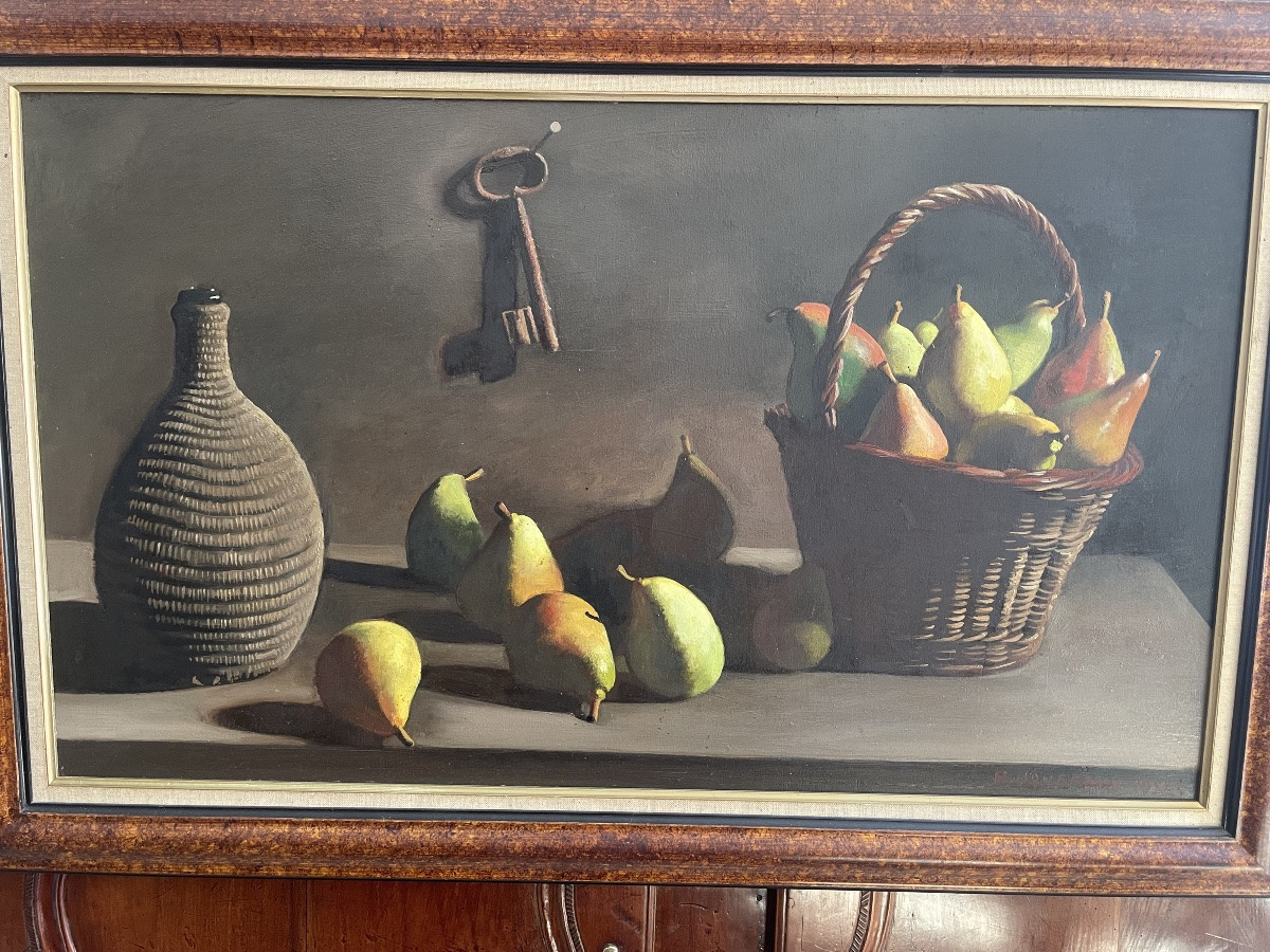 Still Life With Pears And Baskets, Oil On Panel Signed P. Jouffroy 1956.-photo-4