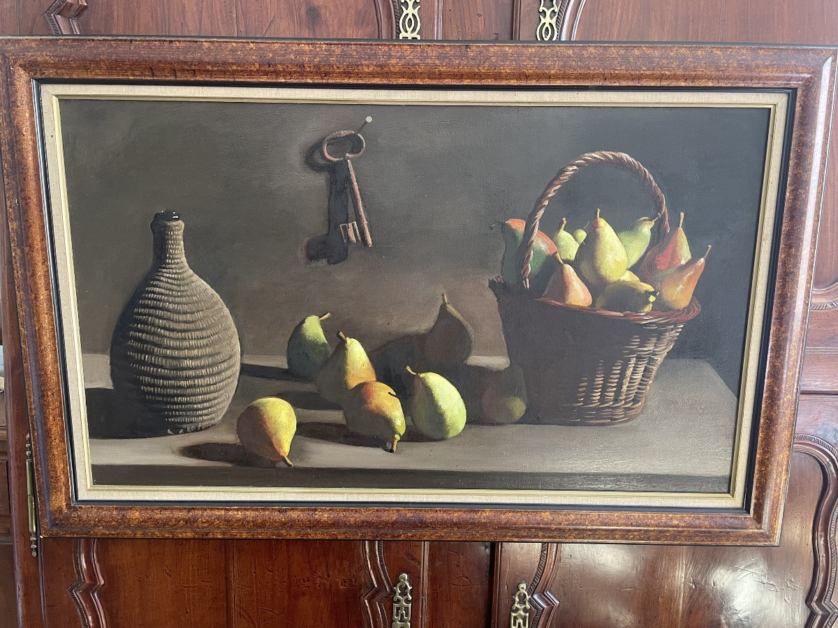 Still Life With Pears And Baskets, Oil On Panel Signed P. Jouffroy 1956.-photo-1