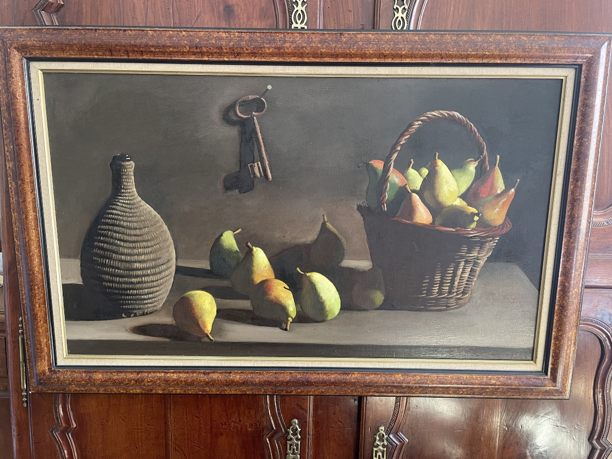 Still Life With Pears And Baskets, Oil On Panel Signed P. Jouffroy 1956.