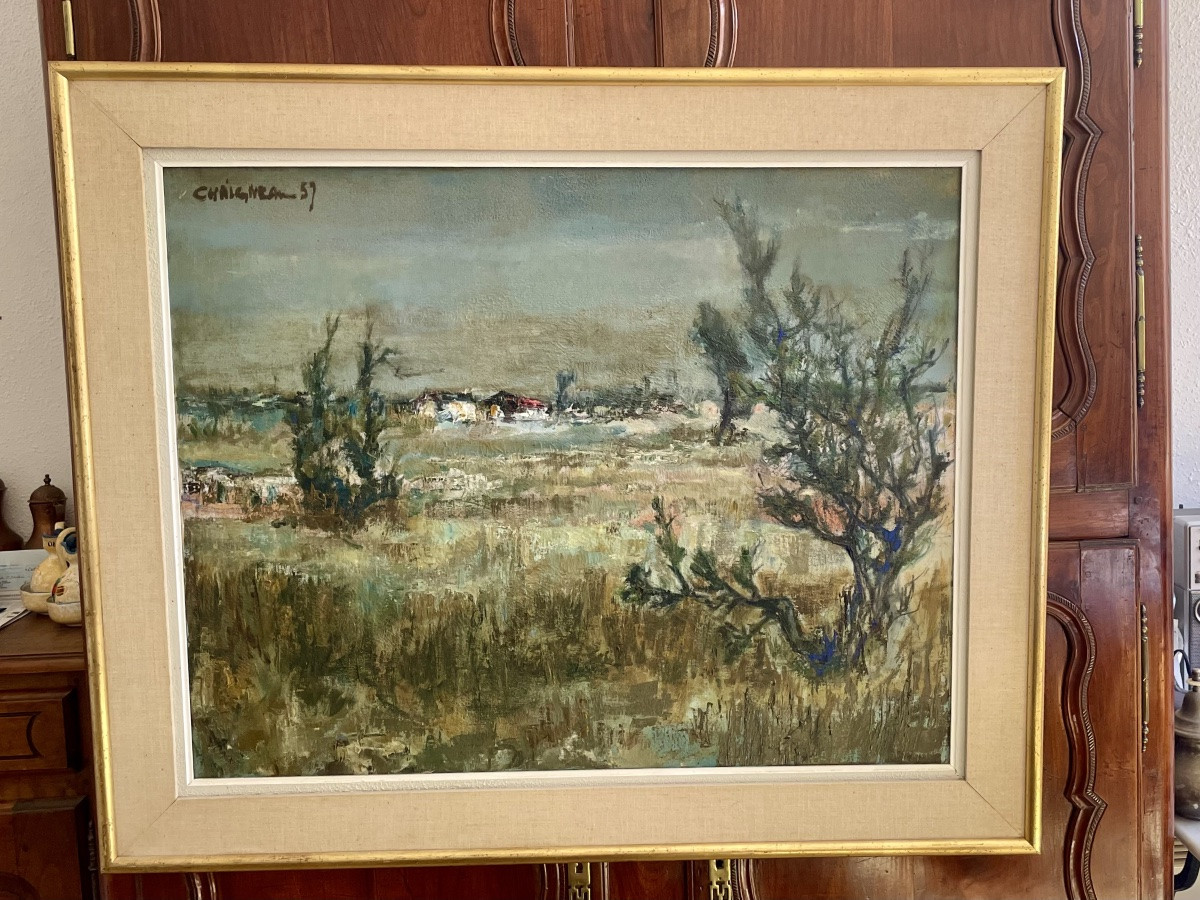 Grand paysage de campagne, la charrette, huile sur toile signee  chaigneau,1957-photo-1