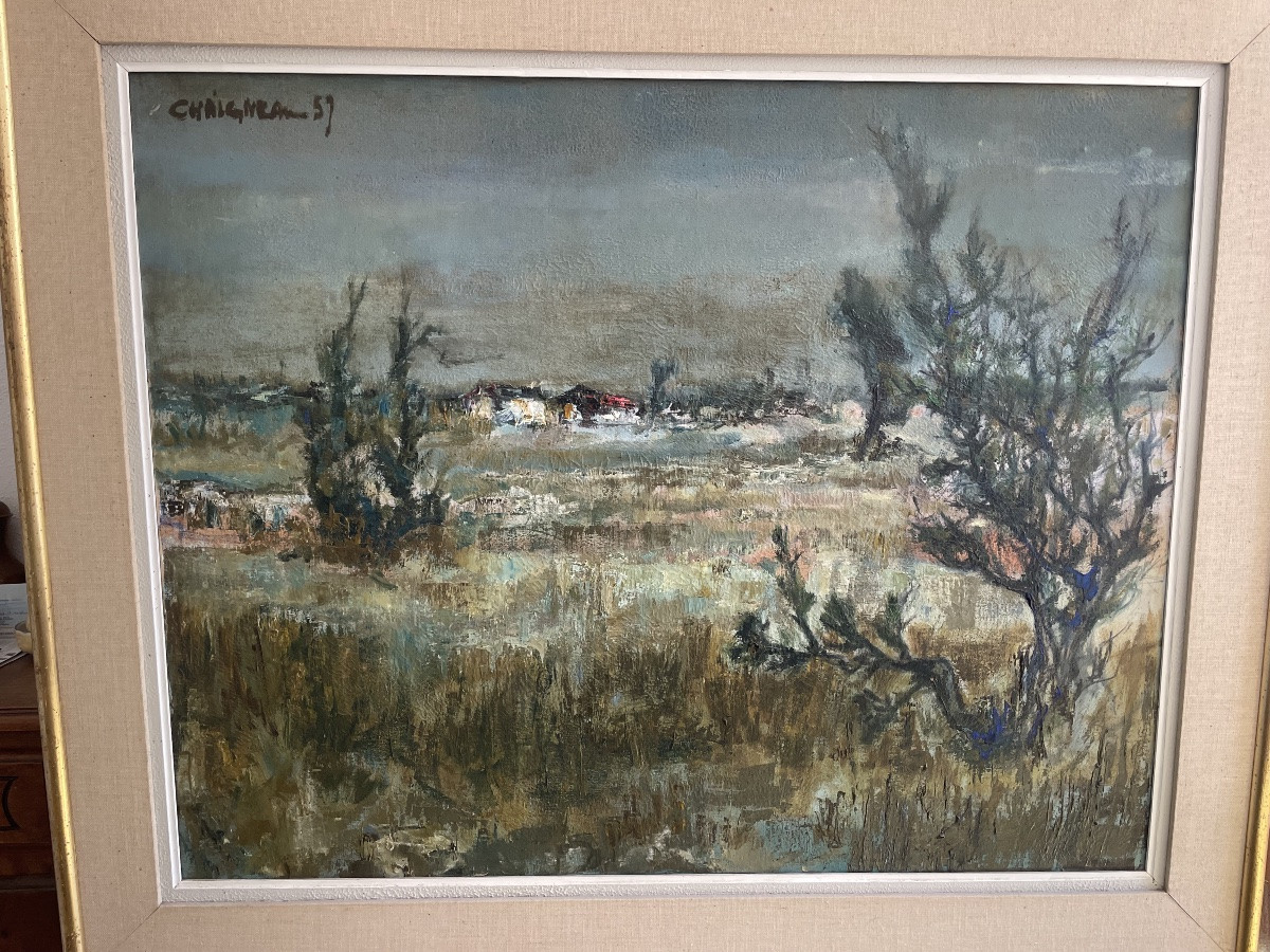 Grand paysage de campagne, la charrette, huile sur toile signee  chaigneau,1957-photo-4