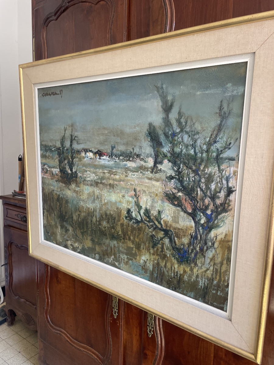 Grand paysage de campagne, la charrette, huile sur toile signee  chaigneau,1957-photo-5