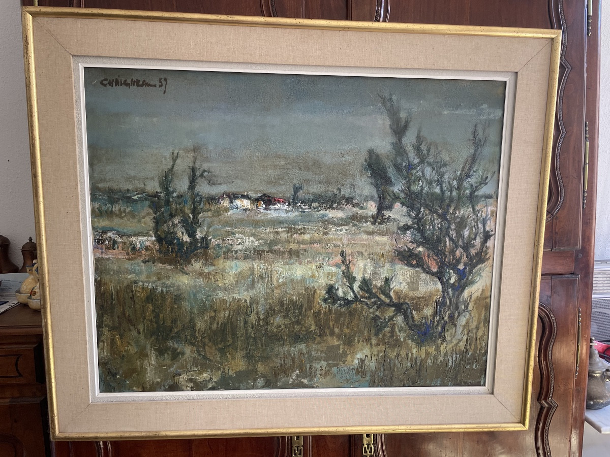 Grand paysage de campagne, la charrette, huile sur toile signee  chaigneau,1957