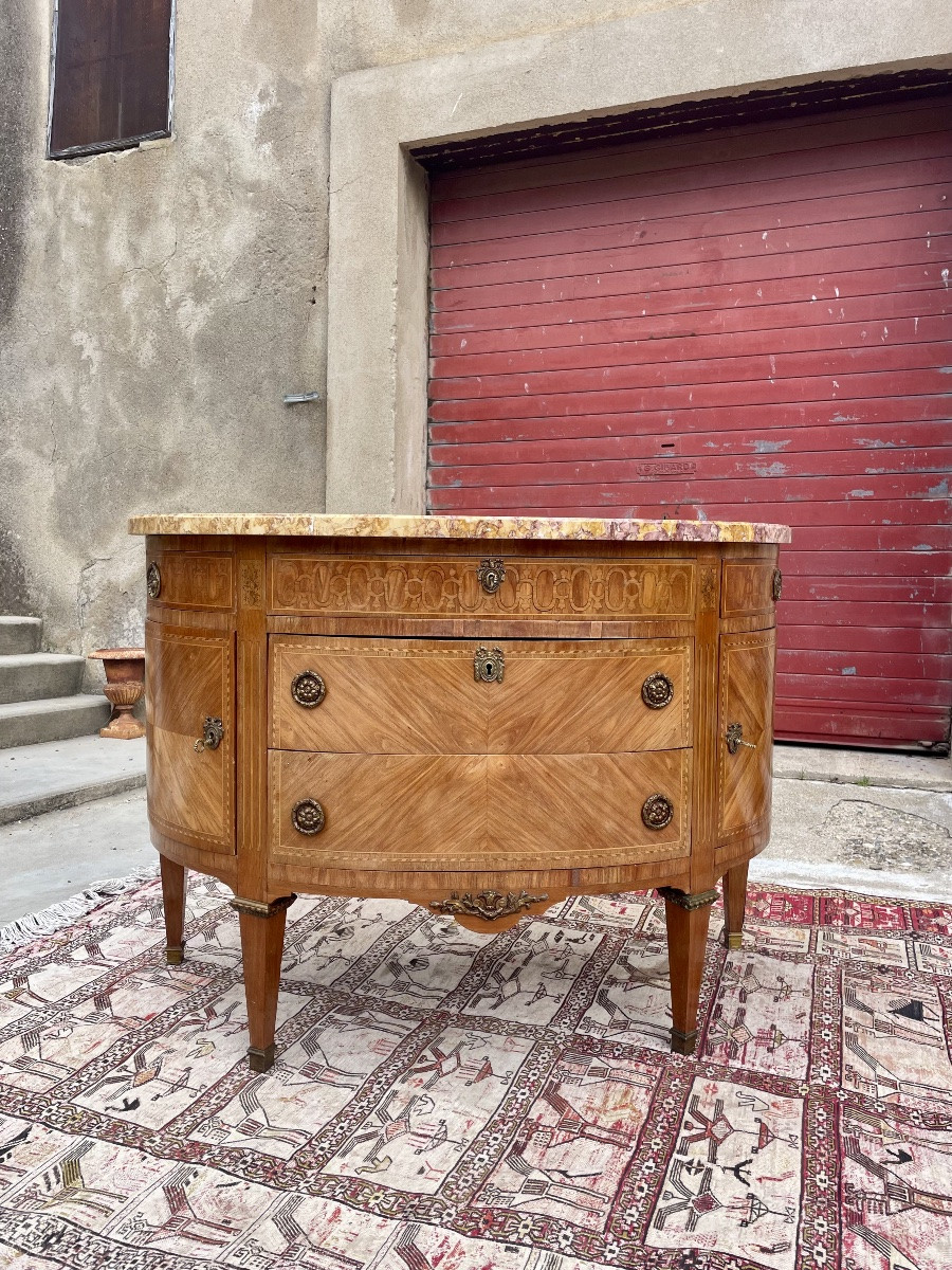 Chest Of Drawers, Louis XVI Half Moon, In Marquetry, 19th Century-photo-2
