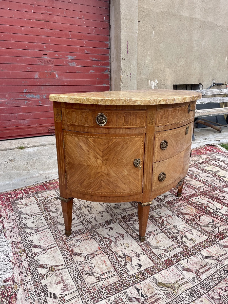 Chest Of Drawers, Louis XVI Half Moon, In Marquetry, 19th Century-photo-4