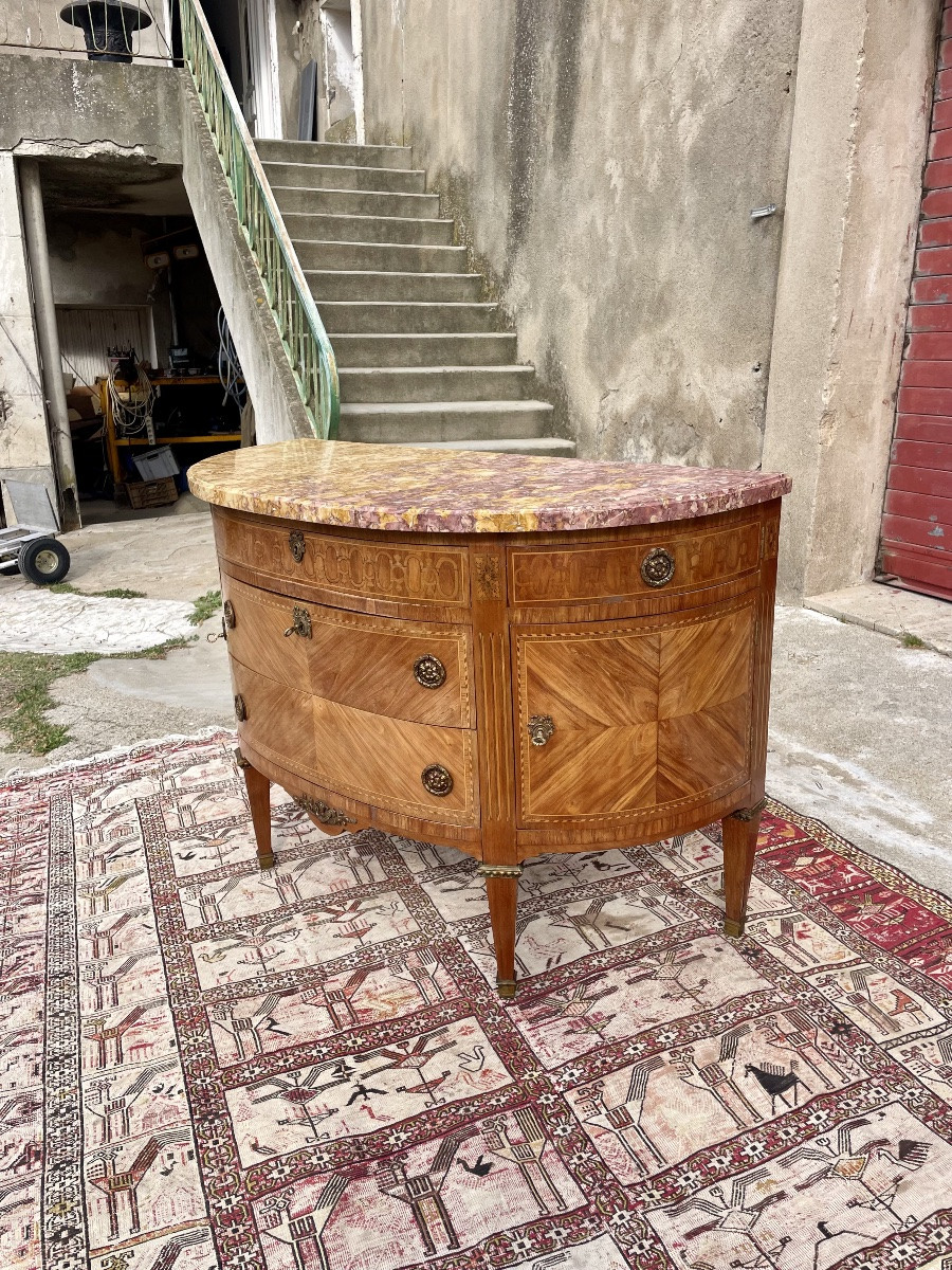 Chest Of Drawers, Louis XVI Half Moon, In Marquetry, 19th Century-photo-1