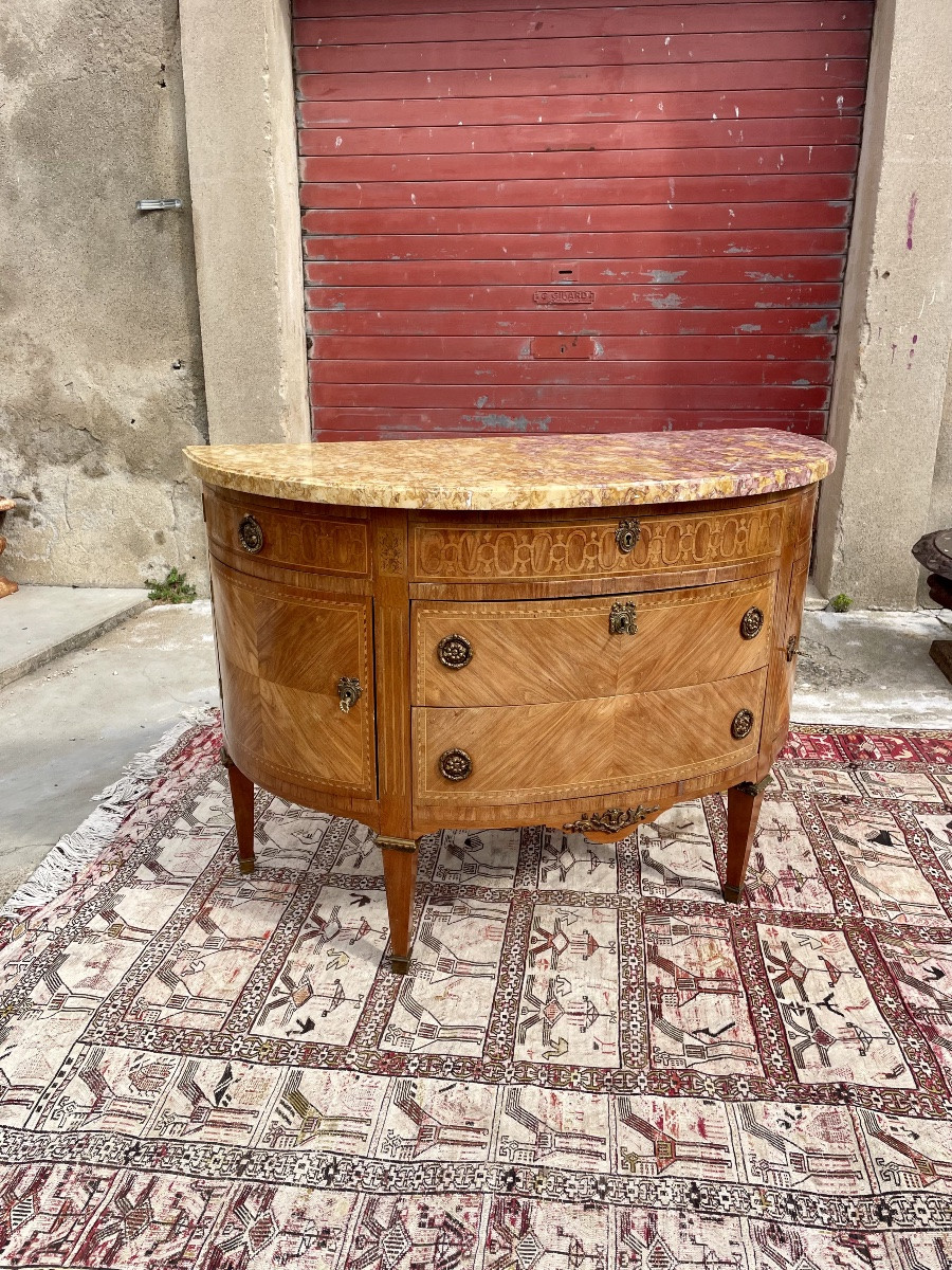 Chest Of Drawers, Louis XVI Half Moon, In Marquetry, 19th Century-photo-2