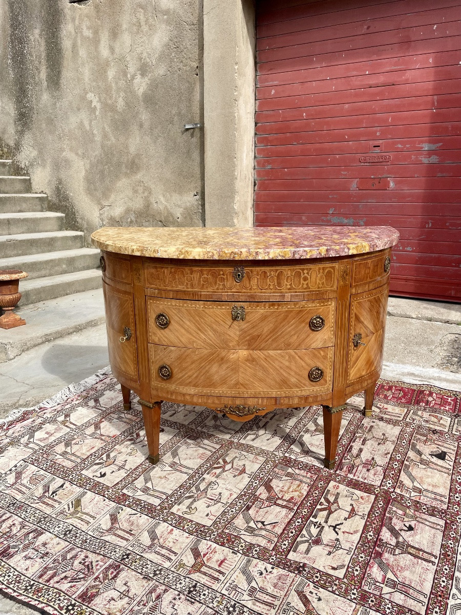 Chest Of Drawers, Louis XVI Half Moon, In Marquetry, 19th Century-photo-3