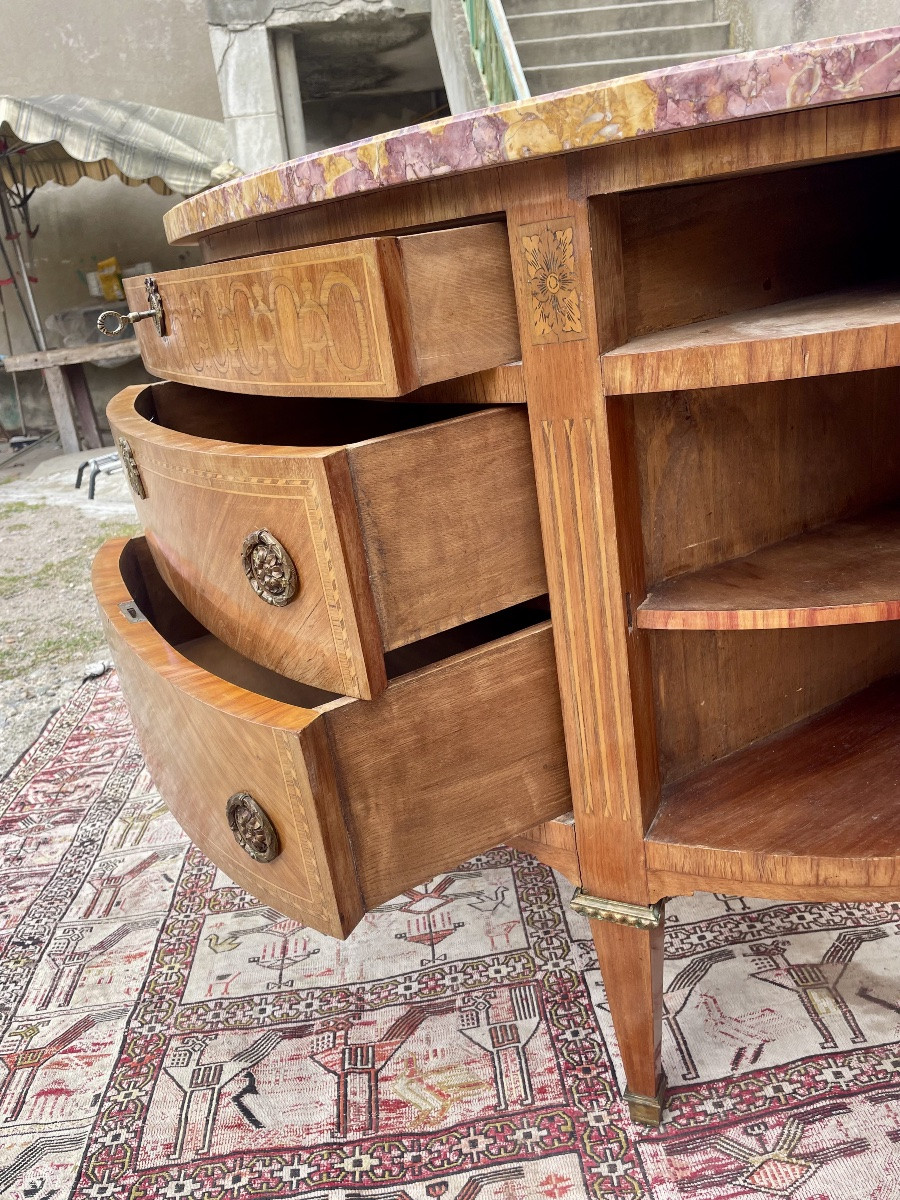 Chest Of Drawers, Louis XVI Half Moon, In Marquetry, 19th Century-photo-4