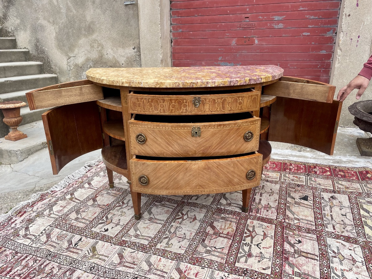 Chest Of Drawers, Louis XVI Half Moon, In Marquetry, 19th Century-photo-6