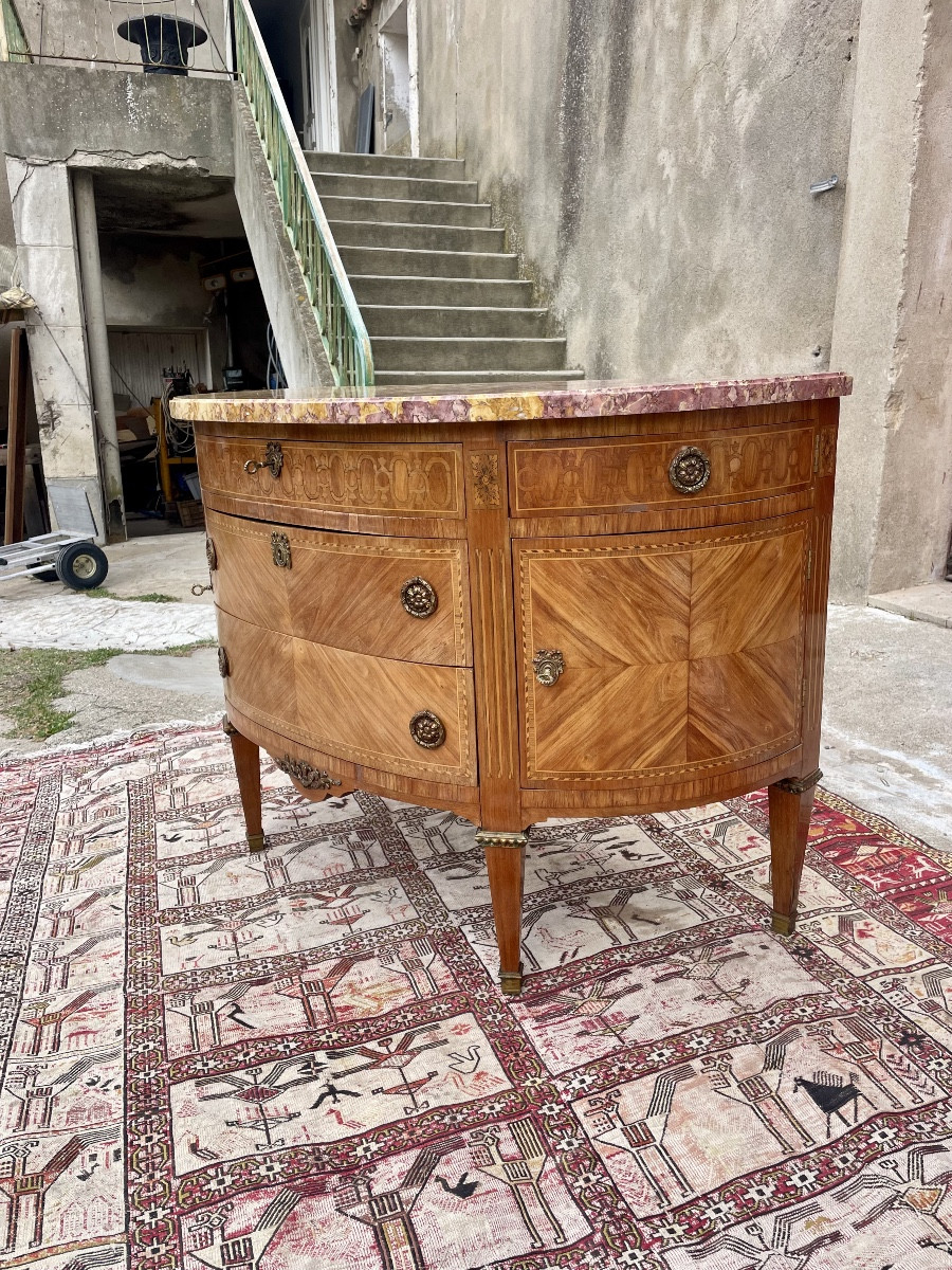 Chest Of Drawers, Louis XVI Half Moon, In Marquetry, 19th Century-photo-8