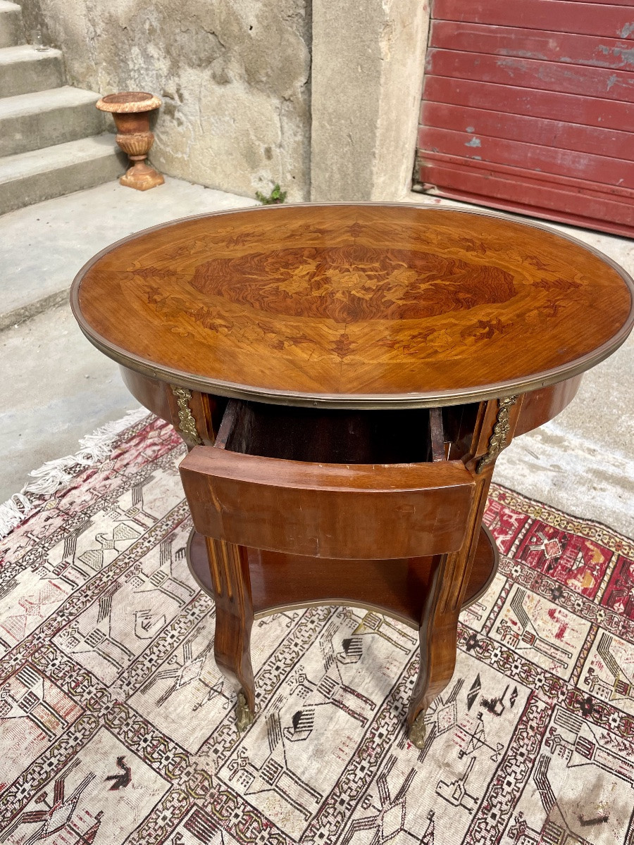 Guéridon en marqueterie de style Louis XV ,1900.-photo-2