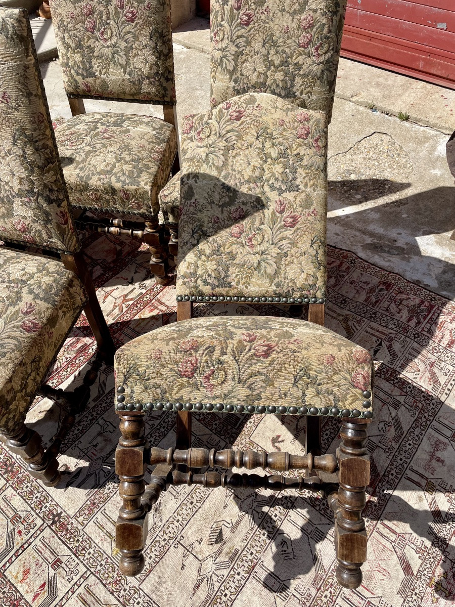 Suite Of Six Louis XIII Walnut Chairs, 1920.-photo-3