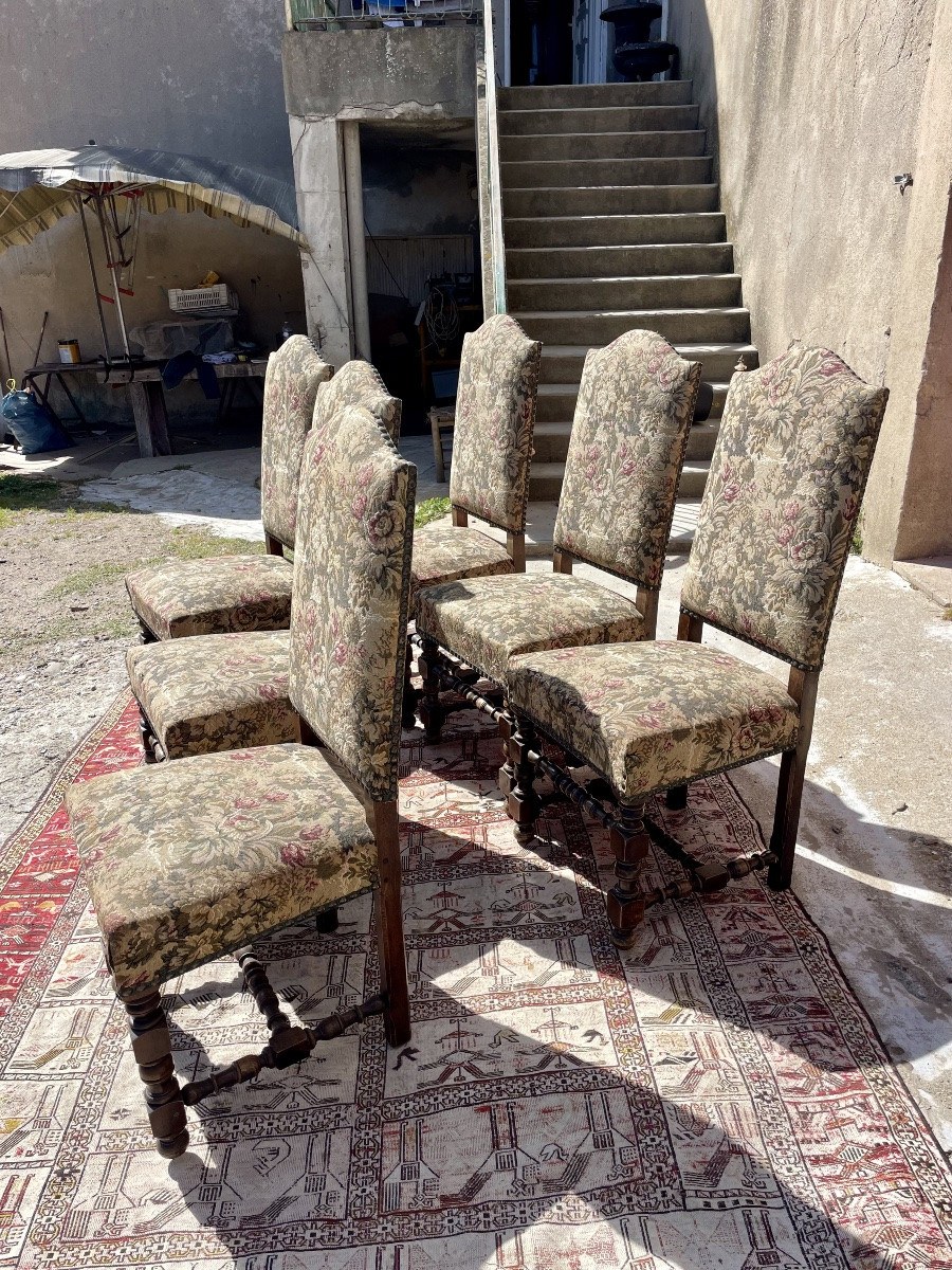 Suite Of Six Louis XIII Walnut Chairs, 1920.-photo-4