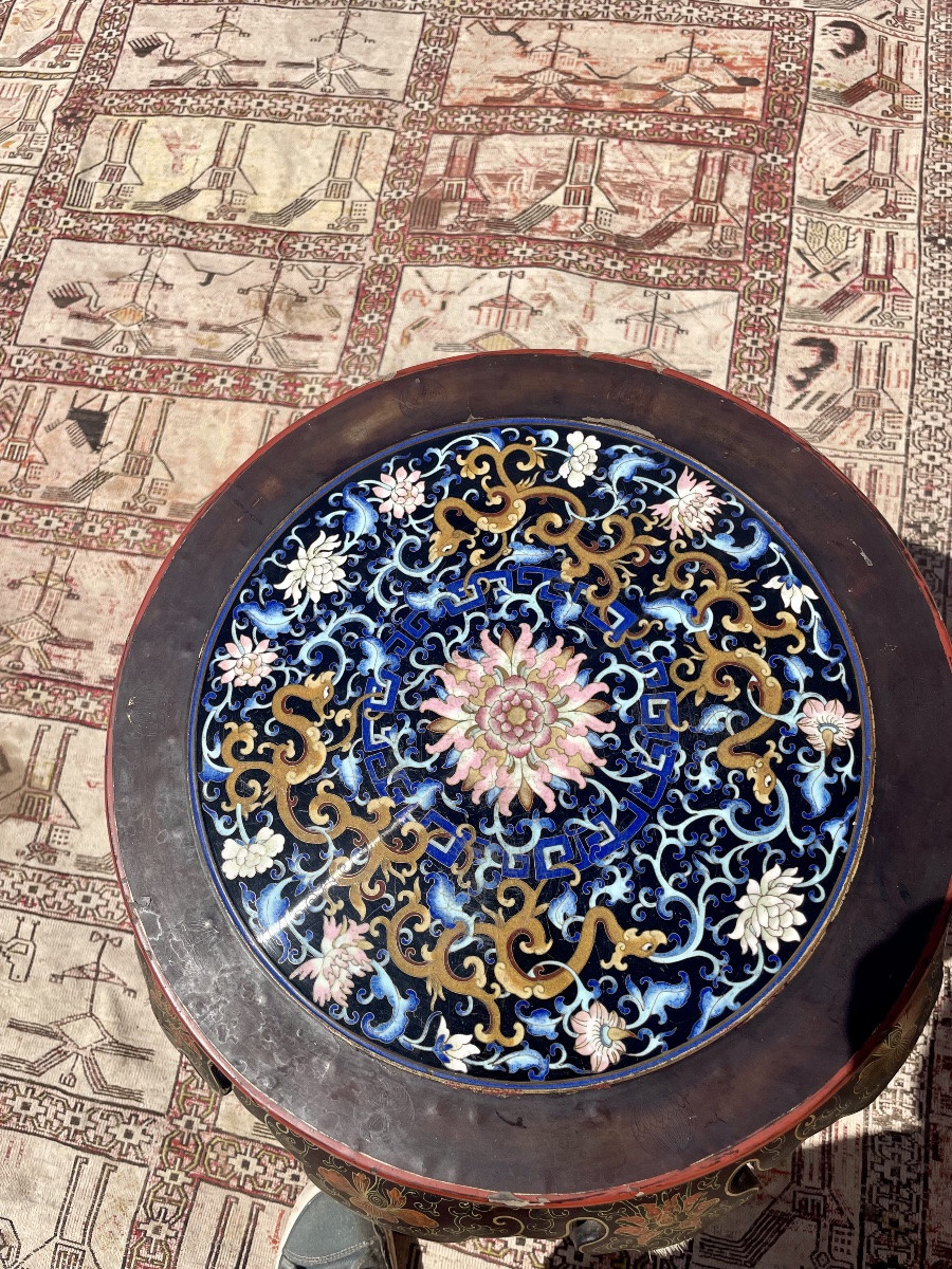 Guéridon, chinois en-bois laqué noir , décor floral XIXE siècle -photo-4