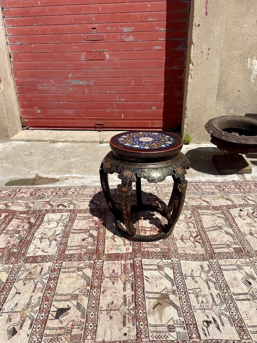 Guéridon, chinois en-bois laqué noir , décor floral XIXE siècle -photo-2